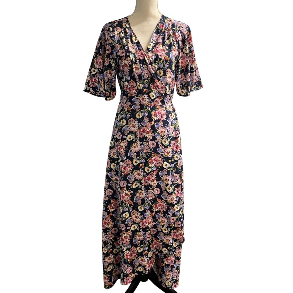 Bobeau Dress Blue Pink Floral Satin Wrap Maxi Womens M Easter Wedding Guest